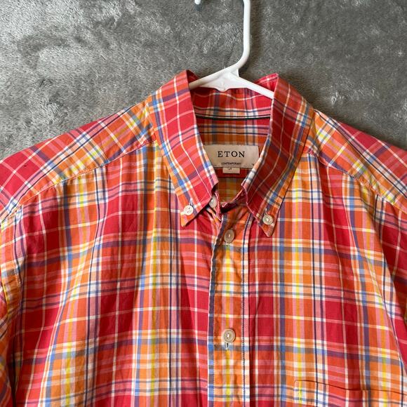 ETON‎ Linen Blend Contemporary Button Down Plaid Shirt Mens Size Large - Picture 2 of 7